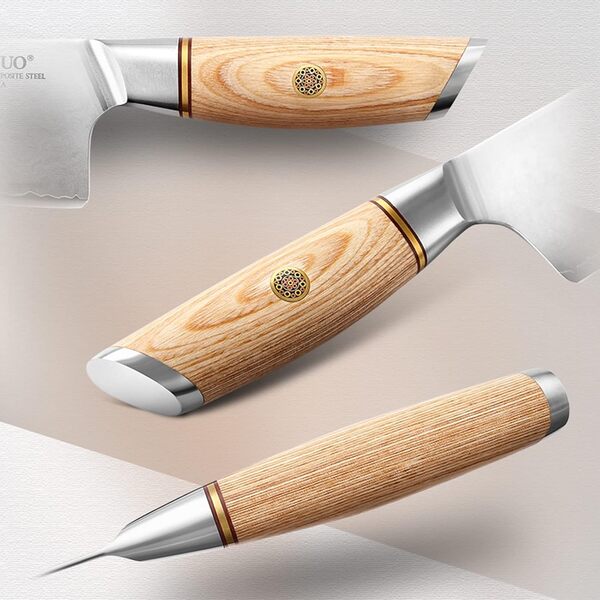 XINZUO 5 Pièces Set Couteaux de Cuisine en Acier Composite, Ensemble de Couteaux de Chef en 10Cr15CoMoV Acier Composé 3 Couches, Professionnel Tranchants Set Couteaux- Poignée en Bois Pakka