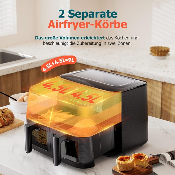 9L Dual Zone Air Fryer avec Fenêtre de Visualisation, Friteuse sans Huile avec 2 Tiroir, 9-in-1 Programmes de Cuisson, Écran Tactile, Fonction Rendez-vous, Faible en Grasses, Va au Lave-vaisselle