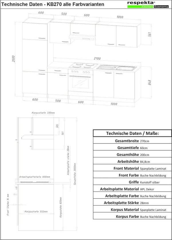 Respekta Gerda Kitchenette en Bois Gris 270 cm