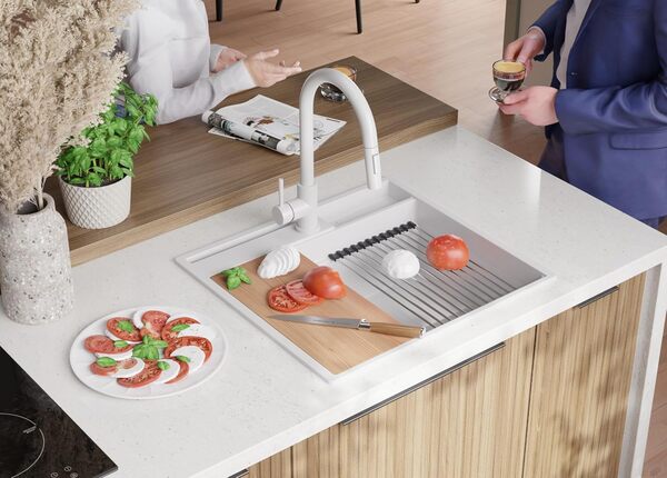 PRIMAGRAN Evier Cuisine en Granit Blanc 58x53cm, Lavabo 1 bac + Kit de Vidage + Accessoires, Évier à Encastrer au meuble 60cm - Oslo Pocket