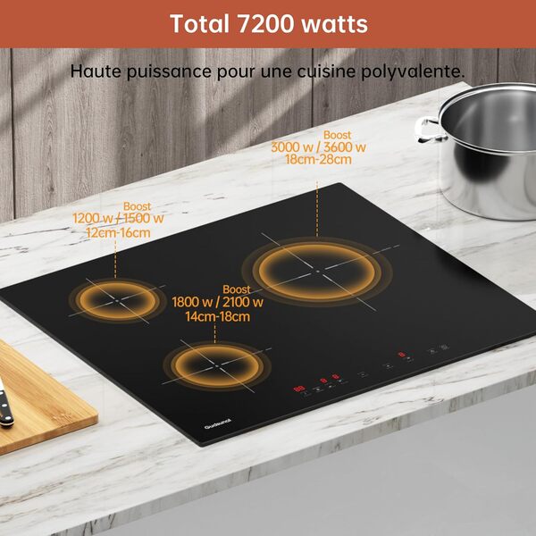 Gudsunal Plaque induction 3 feux, Table de Cuisson Encastrable,7200W, 9 niveaux de chauffage,Boost, Minuterie, Arrêt automatique, Verrouillage de sécurité enfant