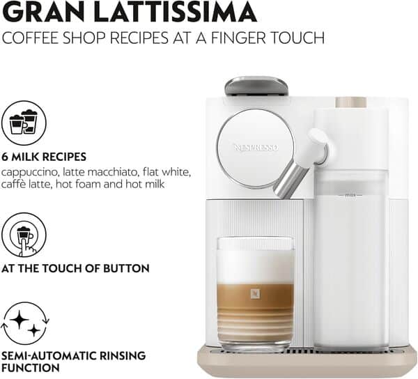 Nespresso De'Longhi Machine à café Gran Lattissima EN640.W avec système de lait automatique, pression 19 bar, 1400 W, Blanc