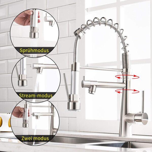 TIMACO Robinet de cuisine Pivotant à 360° Doré brossé Avec douchette extractible Mitigeur de commande ordinaire du commerce