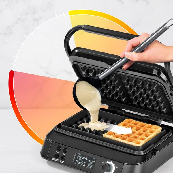 N8WERK Premium Gaufrier Midnight Edition | 1600 W | 5 programmes | 7 niveaux de brunissage | écran LCD | compte à rebours | plaques chauffantes extra profondes pour des gaufres extra aérées