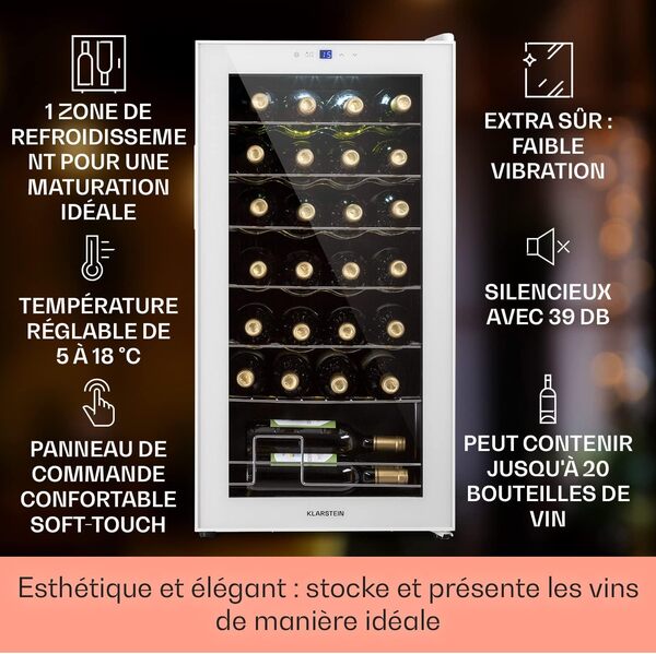 Klarstein Shiraz Cave a Vin, Réfrigérateur à Vin à une Zone, Cave à Vin de Vieillissement, Prosecco et Bière, Ecran Tactile, Réfrigérateur de Bar, Frigo Interieur/Exterieur, 5-18°C, 28 Bouteilles