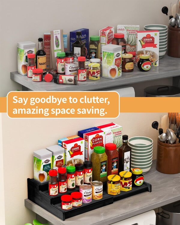 VenDotbi Lot de 2 étagères à épices extensibles en bambou à 3 niveaux, idéal pour armoire de cuisine, placard, garde-manger et plus encore, noir