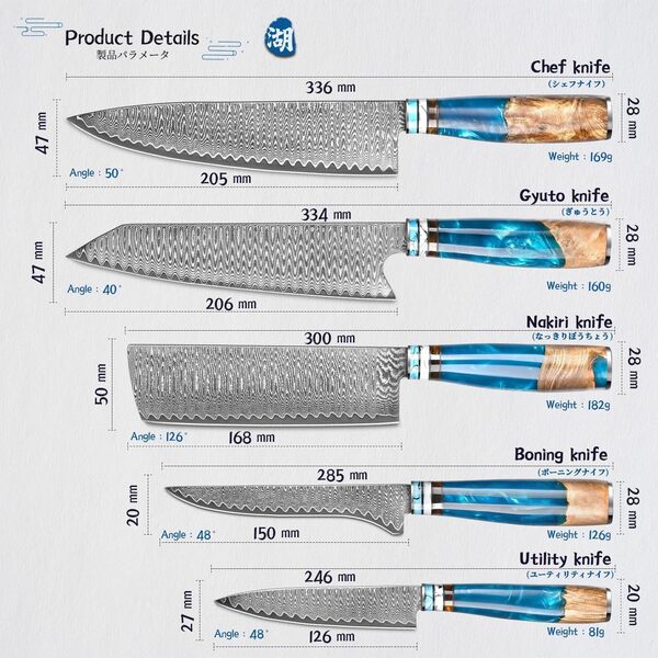 oFuun Set Couteau Cuisine, 5pcs Couteaux Damas, Couteaux Japonais Lame en Acier Damas 67, Lot de Couteaux Cuisine Professionnelle, Ergonomique Résine Bleue Handle
