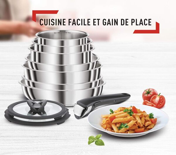 Seb Compact Inox Batterie de cuisine 20 pièces, Induction, Poêles 22/24/26 cm, Casseroles 16/18/20 cm, Sauteuse 24 cm, Couvercles verre + conservation, Spatules, Poignées L953SK04