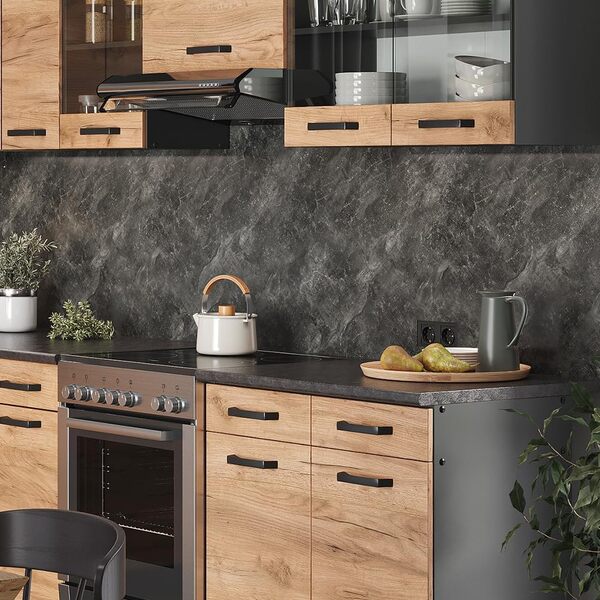 Vicco Cuisine en Angle Rick, Anthracite/chêne doré, 267x167cm, PT À Motifs Noirs