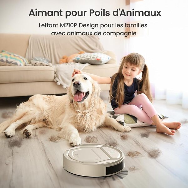 Lefant Aspirateur Robot Mince 2200Pa, Silencieux 55dB, Connecté avec WiFi/Bluetooth/Alexa/App, 120min d'Autonomie, Auto-Charge, Idéal pour Poils d'animaux Sols Durs, M210P Champagne