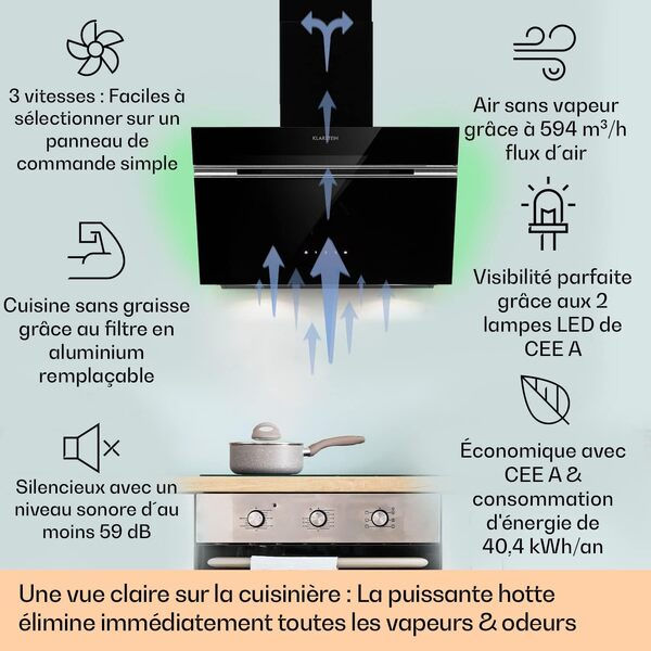 Klarstein Alina 60 Hotte Aspirante - 600 m³/h, Panneau Tactile, LED Multicolore, Silencieuse 63 dB, Énergie Classe A, Hotte Décorative, 60 cm, Noir [Classe énergétique A]