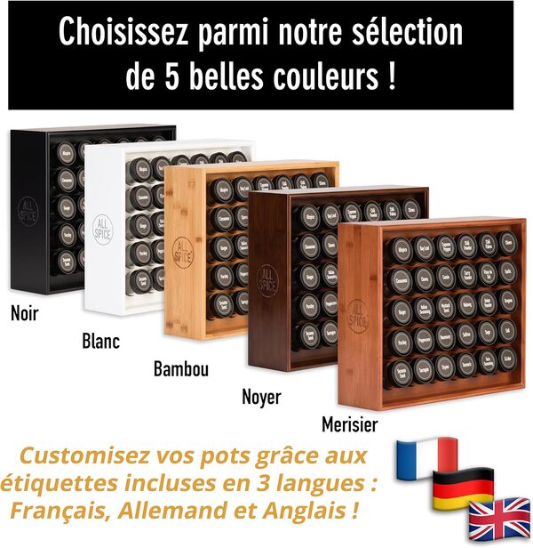 AllSpice Meuble à épices en Bambou, comprend 30 pots en verre, étiquettes et accessoires