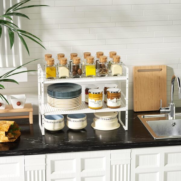 Lot de 2 étagères de rangement extensibles empilables pour armoire, garde-manger, comptoir, placard à l'intérieur de l'armoire, étagère de cuisine sous l'évier, Organisateur Cuisine, blanc