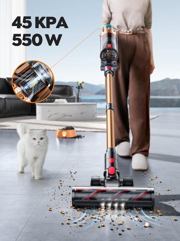 Aspirateur Balai sans Fil SMOTURE,550W/ 45KPA/60min Autonomie Aspirateur Balai Puissant et Silencieux,Chargement Mural,Parfumés, Écrans Tactiles Couleur, 1,5L, Aspirateur sans Fil Nettoyage des Bords