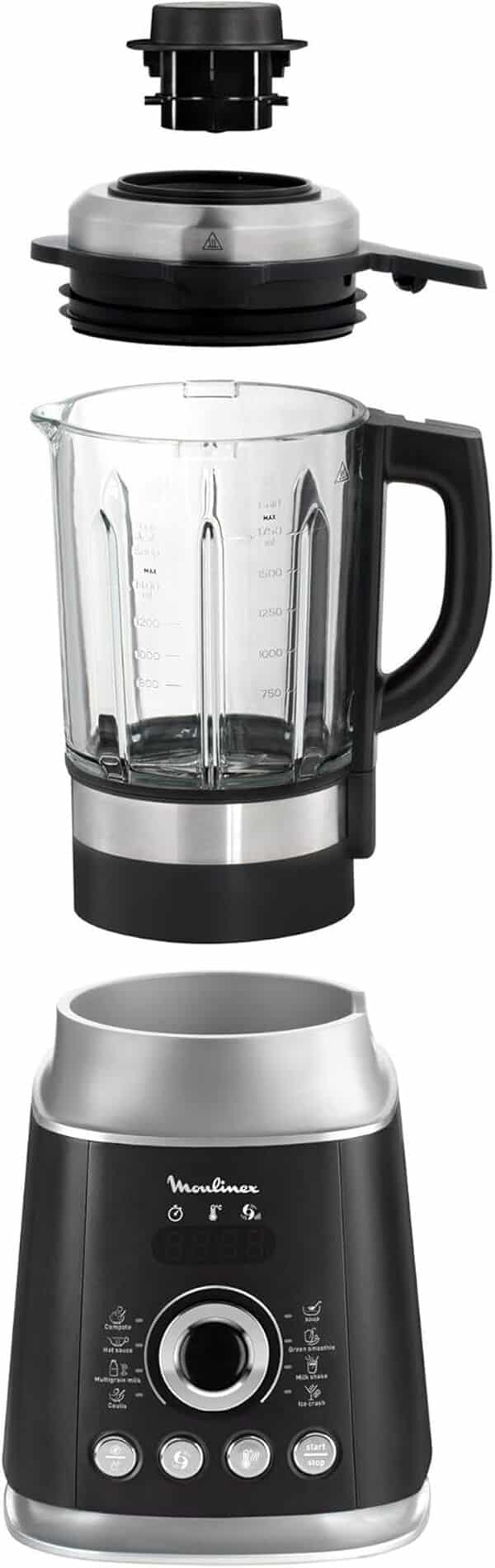 Moulinex LM962B10 Blender Chauffant Ultrablend Cook Mixeur Électrique Bol Verre Capacité 2L Soupe Coulis Compote Lait Smoothie Glace Pilée 10 Vitesses Pulse 1300W Gris et Noir [Commandes en anglais]
