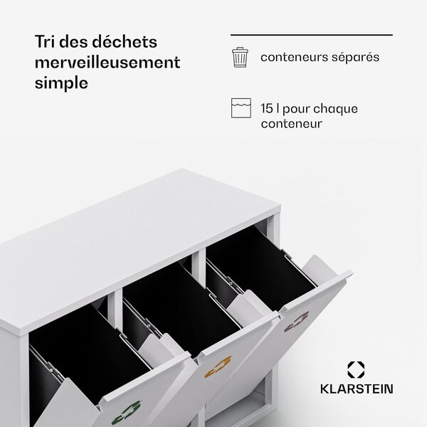 Klarstein Ordnungshüter 3 Poubelle de tri sélectif - Poubelle de cuisine 45 L avec 3 bacs amovibles, acier inoxydable, code couleur, poubelle murale