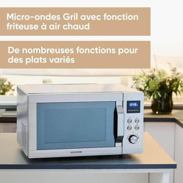 SEVERIN Four à micro-ondes 25 L, 2 150 W, Four micro-onde avec fonction gril et friteuse à air chaud, Micro-onde avec 10 niveaux de puissance, 10 programmes automatiques, Inox, MW 7982