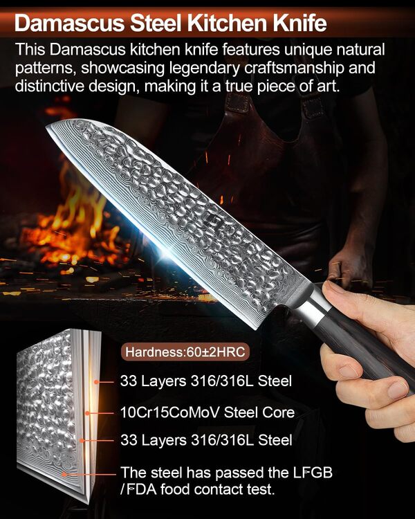 XINZUO 5 Pièces Ensemble de Couteaux de Cuisine Finition Martelée 67 Couches Acier Damas Tranchant Couteau de Chef Santoku Nakiri Universel Fruits Couteaux professionnels -Poignée en Bois de Pakka