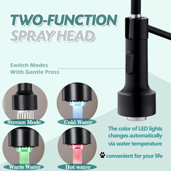 Robinet de cuisine à DEL noir et doré avec pulvérisateur extractible, robinet de cuisine à ressort double fonction pulvérisateur en laiton massif sans plomb, robinet d'évier de cuisine pour