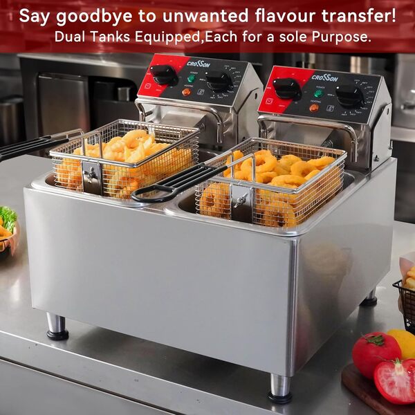 Friteuse électrique CROSSON 8L avec double réservoir et tête de friteuse rotative, minuterie de 30 minutes, thermostat EGO, friteuse de comptoir à usage commercial