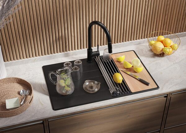 PRIMAGRAN Evier Cuisine en Granit Noir 78x50cm, Lavabo 1 bac + Kit de Vidage + Planche à Découper, Évier à Encastrer al mueble 45cm - Copenhague