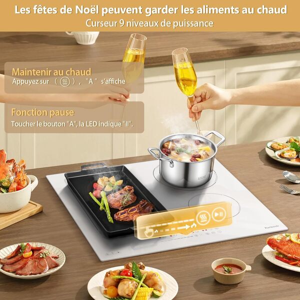 Plaque Induction 4 Feux Blanc avec Prise, Plaque de Cuisson Induction Blanche avec Fonction Boost, Minuterie, Protection contre l'arrêt automatique, Verrou sécurité, 59 cm, 3500 W