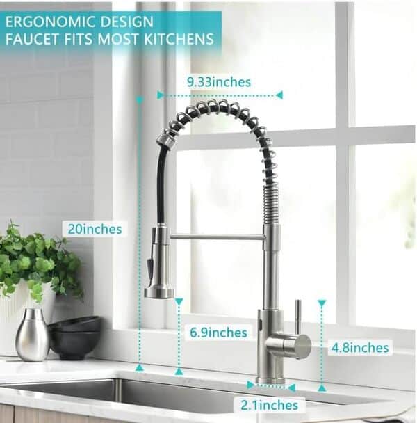 Robinet de cuisine à capteur infrarouge avec douchette extensible - Pivotant à 360° - Mitigeur monocommande pour cuisine - Robinet à ressort hélicoïdal - Nickel brossé