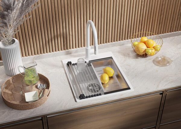 PRIMAGRAN Evier Cuisine en Granit Blanc 43x50cm, Lavabo 1 bac + Kit de Vidage + Égouttoir Enroulable, Évier à Encastrer al mueble 45cm - Oslo S146