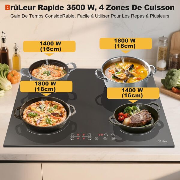Hobsir Plaque Induction 4 Feux avec Prise, 3500W Plaque à Induction, Plaque de Cuisson Électrique Encastrable, 60CM, Commande Tactile, Verrouillage de Sécurité, Verre Céramique Noir, 240V