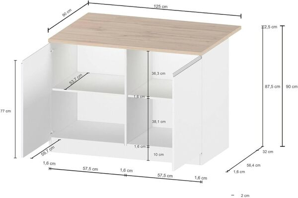 Dmora - Îlot de Cuisine Emmanuel, Armoire Polyvalente, Meuble de kitchenette, Table auxiliaire, 100% Made in Italy, 125x90h90 cm, Blanc Brillant et chêne