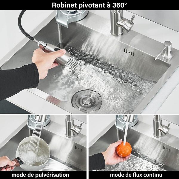 Evier de Cuisine Brossé 1 Bac 60x45 CM, avec Robinet Extensible, Distributeur de Savon et Lave-gobelet, Kit de Plomberie Complet