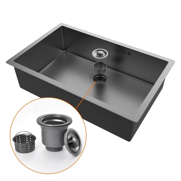 Ibergrif M87044B Évier de Cuisine 1 Bac en Acier Inoxydable 70x44 cm, Montage Encastré ou Supérieur, avec Filtre de Vidange, Noir