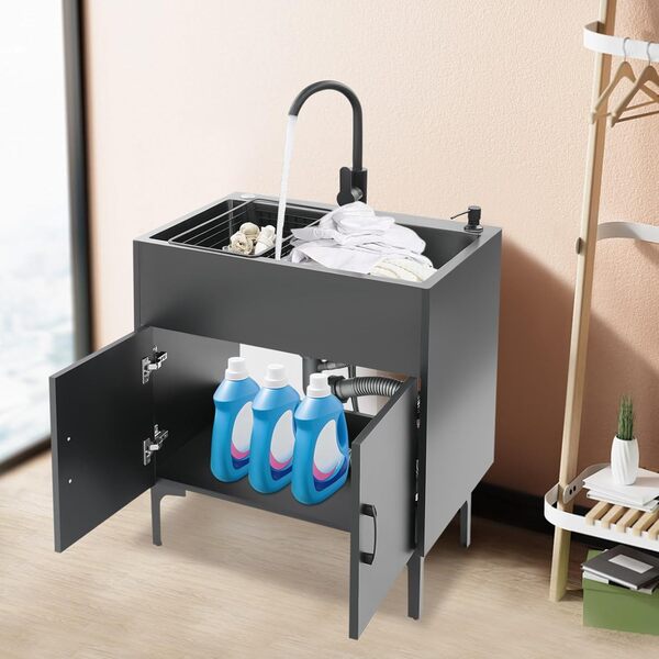 Évier de cuisine autoportant avec meuble bas et robinet, évier en acier inoxydable avec 1 bac, égouttoir et unité d'évacuation, pour cuisine, jardin, extérieur, atelier, buanderie, camping (noir)